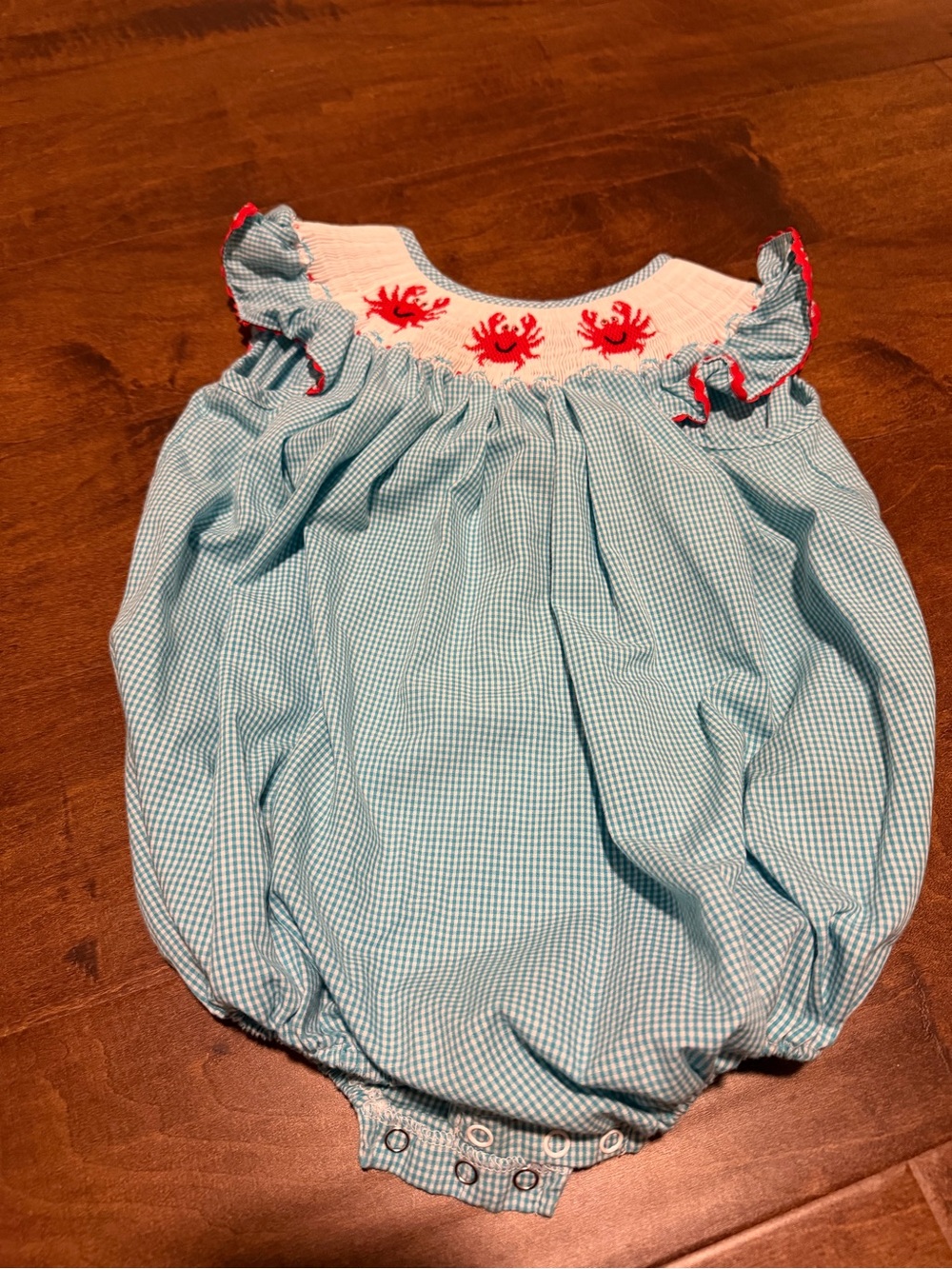 Smocked Crab Blue Gingham Baby Bubble Romper